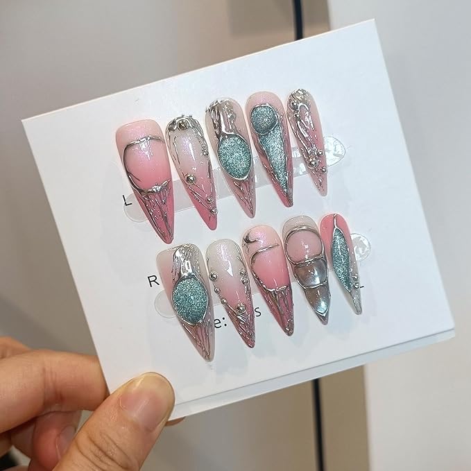 Long Stiletto Press on Nails,Pink-Silver Holographic Gradient Hand-Painted Moons Fake Nails with 10pcs Tools,3D Cat Eye Glitter False Nails,Edgy Meteors Design Sweet-Edge Metal Nails(L)