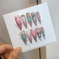 Long Stiletto Press on Nails,Pink-Silver Holographic Gradient Hand-Painted Moons Fake Nails with 10pcs Tools,3D Cat Eye Glitter False Nails,Edgy Meteors Design Sweet-Edge Metal Nails(L)