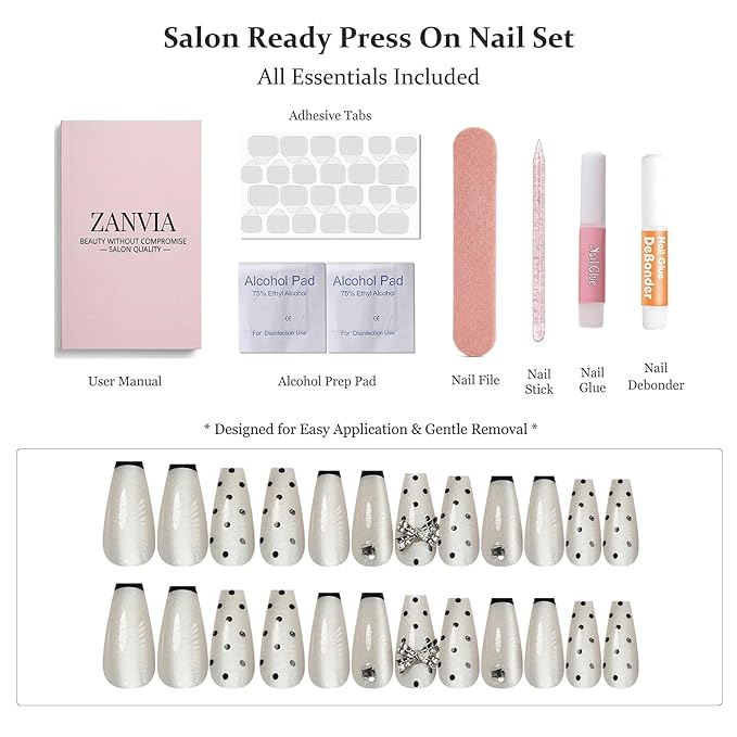 French Polka Dot Press On Nails - Handmade 3D Bow With Rhinestones Black French Tip Nails, Medium Ballerina, For Women And Teens, Ideal For Parties, Birthdays, And Casual Wear, 12 Sizes 24 Nail Kit