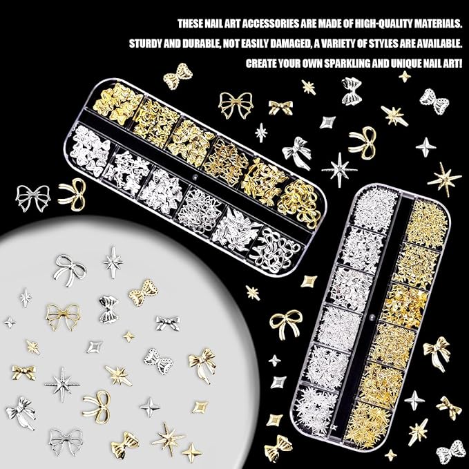 Gold Silver 3D Nail Charms, 2Boxes 24Grids Bow Star Nail Gems Nail Studs,Punk Metal Alloy Rivet Stickers Bowknot Nail Art Decorations Accessories for Nail Art Design DIY Crafts (Gold Silver A)