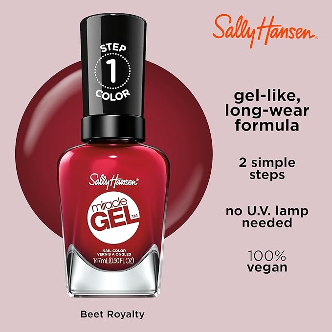 Sally Hansen Miracle Gel Salon Quality Nail Polish | Gel-Like Formula, Two-Step System, No UV Light Needed, Long Lasting | Opaque, Glossy | 474 Can't Beet Royalty | Rich Burgundy Nail Color