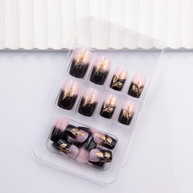 Gold Leaf Press on Nails Medium Square Fake Nails Black Ombre False Nails 3D Golden Leaves Glue on Nail Glossy Gradient Acrylic Nails for Women Girls 24Pcs