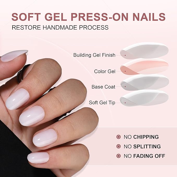 RTKHFZE Press On Nails Short - White Soft Gel Oval Almond Shape Fake Nails Kit with Glue, Fit Perfectly, Reusable in 16 Sizes - 32Pcs