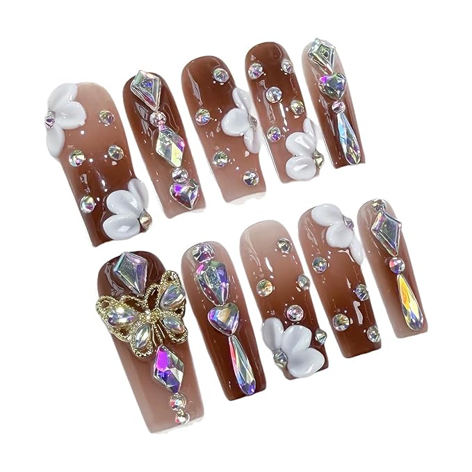 Long Press on Nails Handmade Nails Square Luxury Reusable Fake Nails with Glue 3D Flower Butterfly Design Acrylic Nail Sparkly Full Cover Stick on Nail for Women Manicure 10Pcs(Size M）