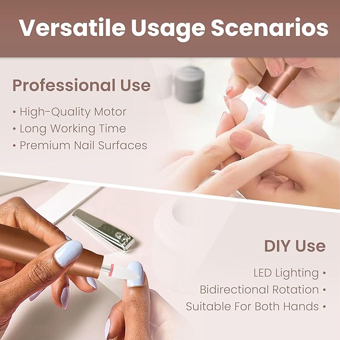 Cordless Electric Nail Drill Kit, Portable Rechargeable Nail Drill Set, Battery Electric Nail File, 5 Speeds Modes, LED Lighting, Reversible Direction, DIY, Professional (Gold)