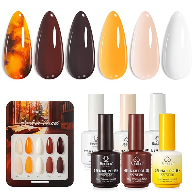 Beetles Blooming Gel Polish Set - Amber Traces 5 Colors Gel Polish Kit White Jelly Nude Brown Amber with 1 Bottle Blooming Gel 15ml Soak Off Uv Nail Art Gfit for Women