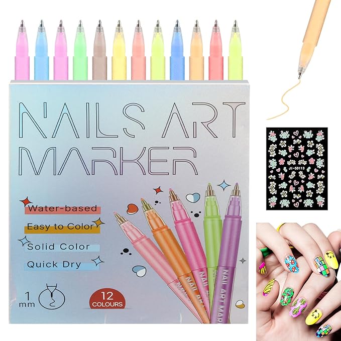 12 Colors Nail Art Pens Set, Nail Polish Pens Quick Dry Na il Polish Markers for DIY Na il Art Design, Acrylic Painting & Dotting, Manicure Tools for Beginners & Professionals