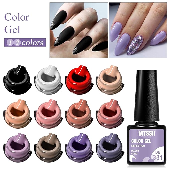 MTSSII Gel Nail Polish Set, 12PCS Nude Violet Black White Gel Nail Polish Kit, Soak Off UV/LED Nail Polish Nail Art Design Salon Home Gifts for Women