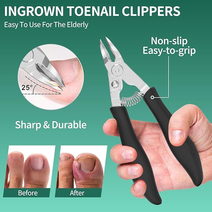 5-in-1 Toenail Clippers for Seniors with Thick & Ingrown Nails – Professional Pedicure Kit with Long Handle Nail Cutter, Slanted Curved Blade, Nail File & Lifter – Gift Set with Leather Case