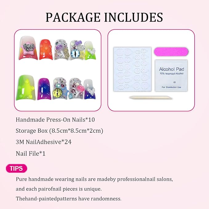 Handmade Press on Nails Luxury Thicked Acrylic Fake Nails Gradient French Tip False Nail with 3D Lollipop Rhinestones Stars Designs Glitter Short Duck Stick on Nails for Women (S)