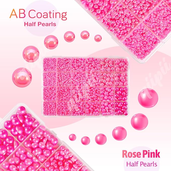 2 Styles Solid Hot Pink+ Rose Pink AB Flatback Pearls for Bedazzling Crafting 3mm-10mm Half Round Pearls Beads Gems Bedazzler Kit for Nails Face Eyes Makeup Tumblers Bottles DIY Crafts Shoes﻿