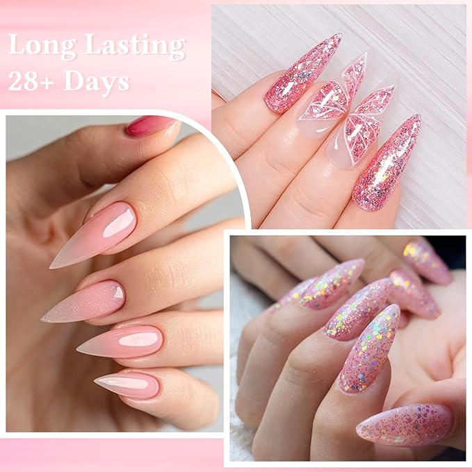 MEET ACROSS Gel Nail Polish Set White Pink Rubber Base Gel Polish + Glitter Gel Nail Polish Pink Purple Sparkly Sequins Nail Polish Manicure Kit 18 Colors