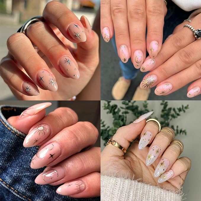 Metallic Moon Star Nail Stickers 8 Sheets Gold Silver Nail Art Stickers 3D Self-Adhesive Cloud Sun Star Nail Art Design Supplies Starlight Moon Charm Nail Decals for Women Acrylic Manicure Decoration