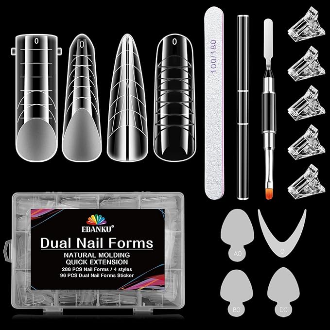 EBANKU Dual Forms for Poly Gel, 288PCS Poly Nail Gel Forms for French Nails, 96PCS French Silicone Reusable Pads, 5PCS Nail Clips, Brush Pen Nail Files Buffer, Nail Extension Kit for Builder