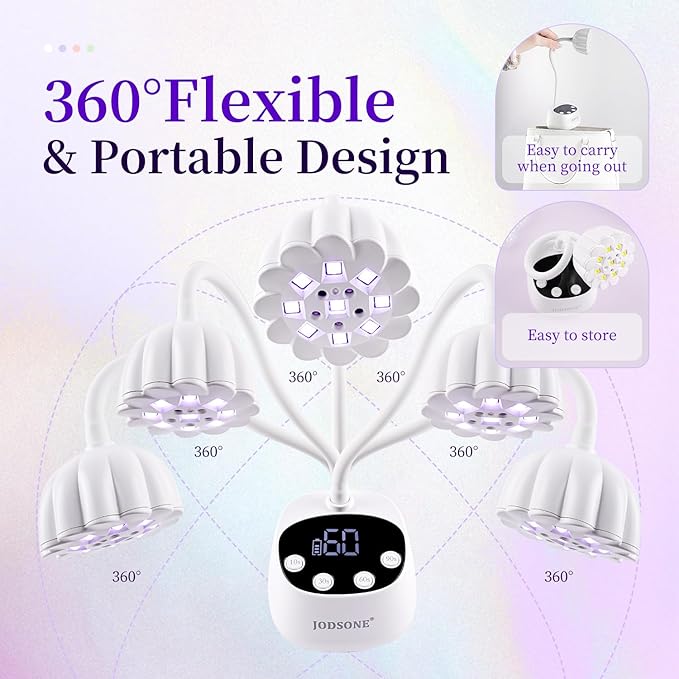 JODSONE Fast Curing U V Nail Lamp Portable and Flexible Gooseneck Lamp Rechargeable LED Dryer for Gel Polish, Auto Sensor & 4 Timers Ceramic White