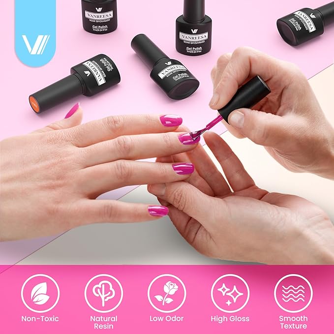 VANREESA 24 Pcs Gel Nail Polish Set, 21 Colors Gel Polish with Base Coat Glossy & Matte Top Coat Pink Orange Yellow Green Blue Purple Gray Nail Polish Set Nail Kit Gifts for Women