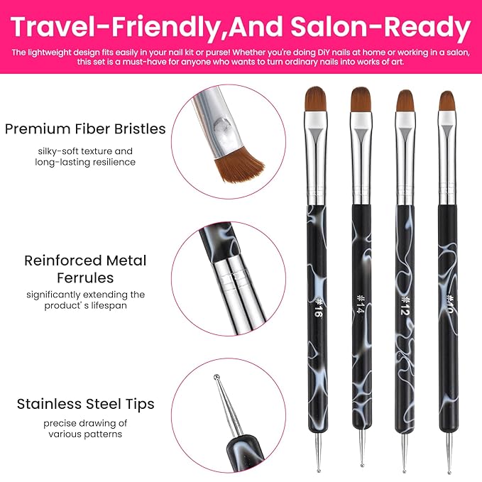 French Nail Brush Set, 4Pcs 2 Way Dotting Tool and French Tip Brushes Gel Acrylic Nail Art Design Pen Professional Manicure Tool Nail Clean Up Brush For Detailed Design, Size 10#,12#, 14#, 16#
