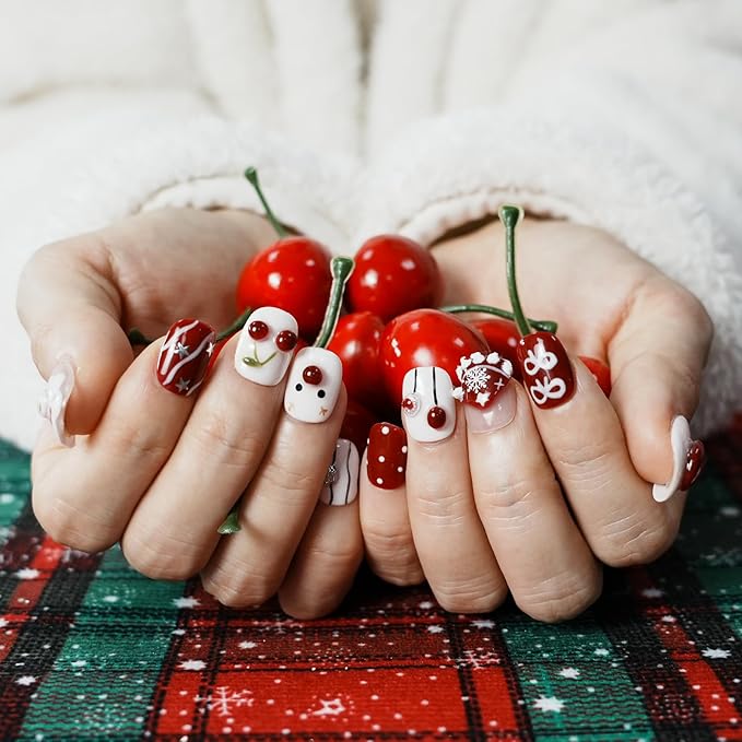 Handmade Press on Nails Short Oval with 3D Festive Design, Kawaii Reindeer & Snowman Holiday Set - Winter White Red Base Cute Multi-Layer Gel False Nails (Cute Snowman,M)