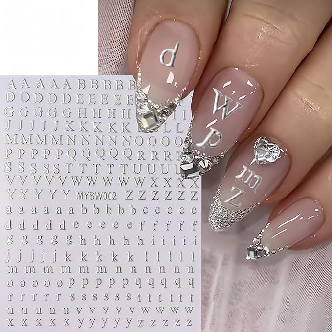 Letters Nail Art Stickers English Alphabet Nail Decals 3D Self-Adhesive Metallic Gold Silver Nail Sticker Black White Letter Nail Art Supplies for Women Girls DIY Pegatinas Uñas Manicure 8 Sheets…
