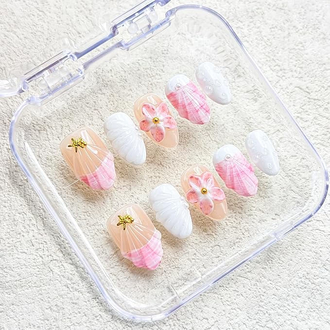 10 Pcs Short Almond Handmade Press on Nails with Glue,Luxury False Nails with 5D Flower Design Muti-Layer Gel False Nails Pink Reusable Acrylic Thick Nails Handmade Nail for Women(Size S)