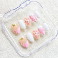 10 Pcs Short Almond Handmade Press on Nails with Glue,Luxury False Nails with 5D Flower Design Muti-Layer Gel False Nails Pink Reusable Acrylic Thick Nails Handmade Nail for Women(Size S)