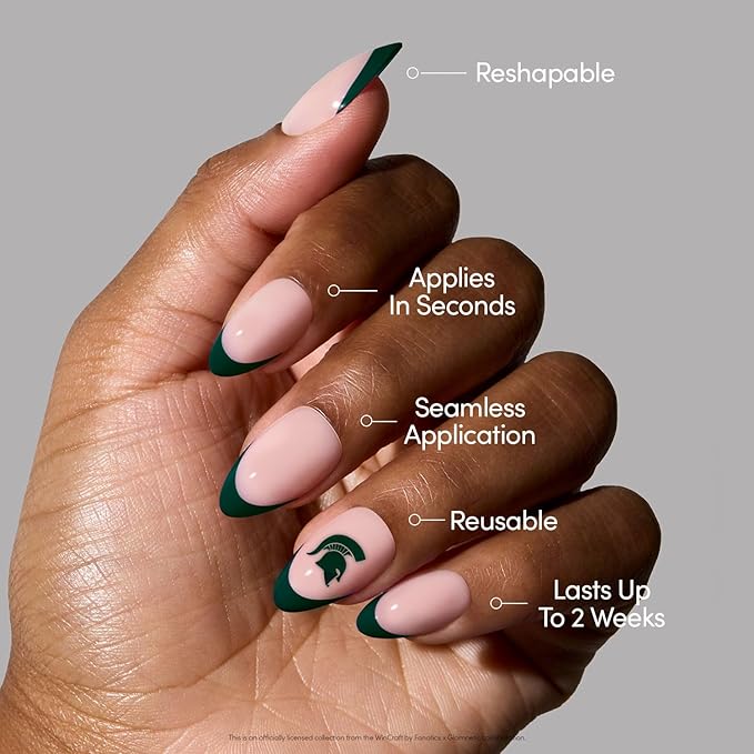 Glamnetic x Fanatics Press On Nails - Michigan State Spartans | Short Almond Fake Nails, Collegiate Spartans Green French Tips, College Nails, Salon-Quality | 15 Sizes - 30 Nail Kit with Glue