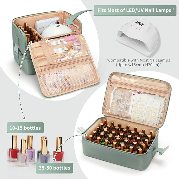 OCHEAL Nail Polish Organizer, Holds Nail Lamp and 45+ Bottles,3 Usage Modes Detachable Nail Storage Bag Travel Nail Tech Case Holds Nail Kit Stuff Manicure Tools -Green