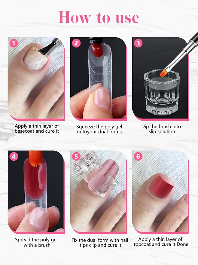 EBANKU Poly Gel Toenail Kit, Reusable Toe Dual Nail Forms with 2.5oz Slip Solution Poly Gel Nail Kit for Toe Nail Tips for Women with Double-end Brush, File, Clips, Liquid Container, 120PCS, 12 Sizes