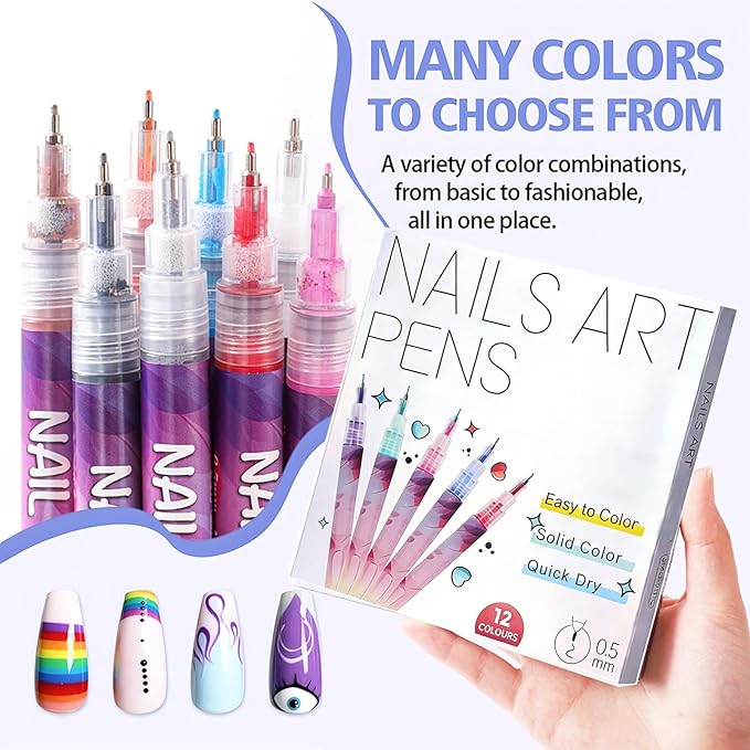 Easter Gifts 12 Colors Nail Art Pens Set, Nail Art Markers Nail Polish Pens for Drawing Painting Point Liner Acrylic Paint Pen Kit Quick-Drying DIY Nail Art Beauty Adorn Manicure Tools