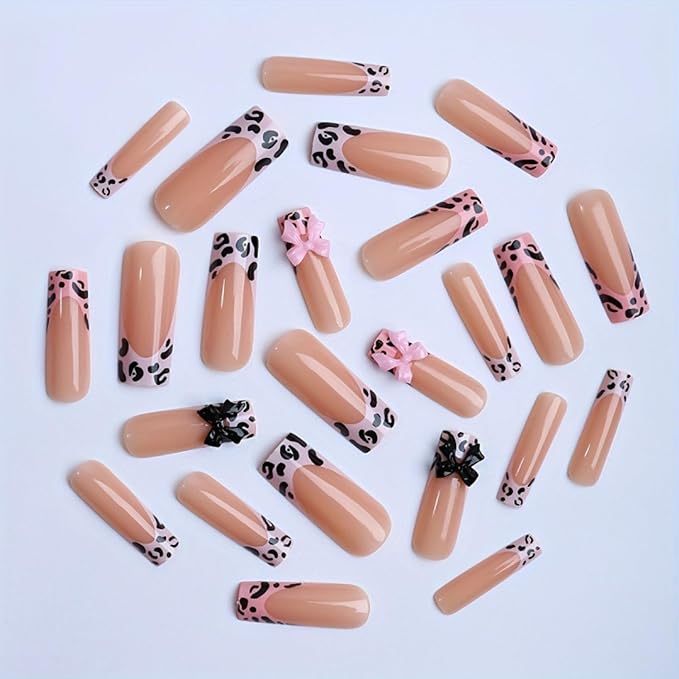 Long Square Press on Nails Fake Nails Artificial Nail Stick on Nail for Women Pink Leopard Print with Cute Pink & Black Bow Knots on Nude French Tip Nails