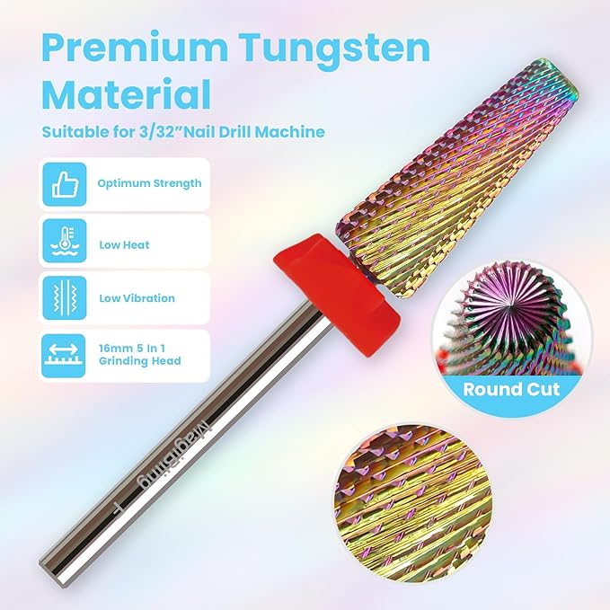 F 5 in 1 Nail Drill Bits, 16mm Tapered 3/32'' Professional Tungsten Carbide Bit for Efile, 2 Rotation for Electric Drill, Remove Thick Thin Gel, Manicure Cuticle Gel Polishing, Nail Techs Bit, Fine