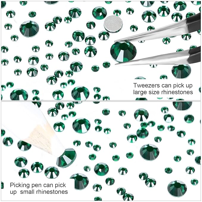 4240Pcs Malachite Green Flatback Rhinestones 6 Sizes Crystal Diamonds for Nail Art Crafts Clothes Shoes with Tweezers and Picking Pen