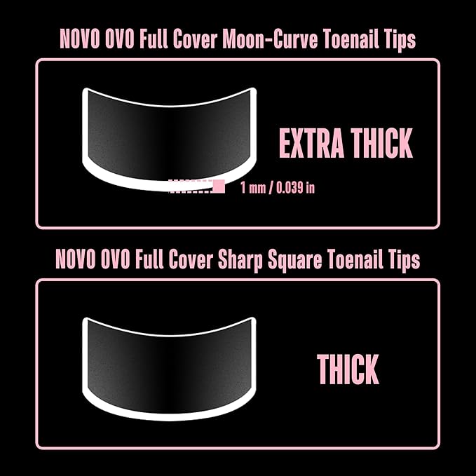 NOVO OVO Halloween Short Medium Toe Nail Tips with Moon Curve, Sharp Square Extra Thick Full cover Press on, Soft Gel False Toenail Extension Kit, Clear Matte Fake Nails DIY Pedicure x15 Sizes 330 Pcs