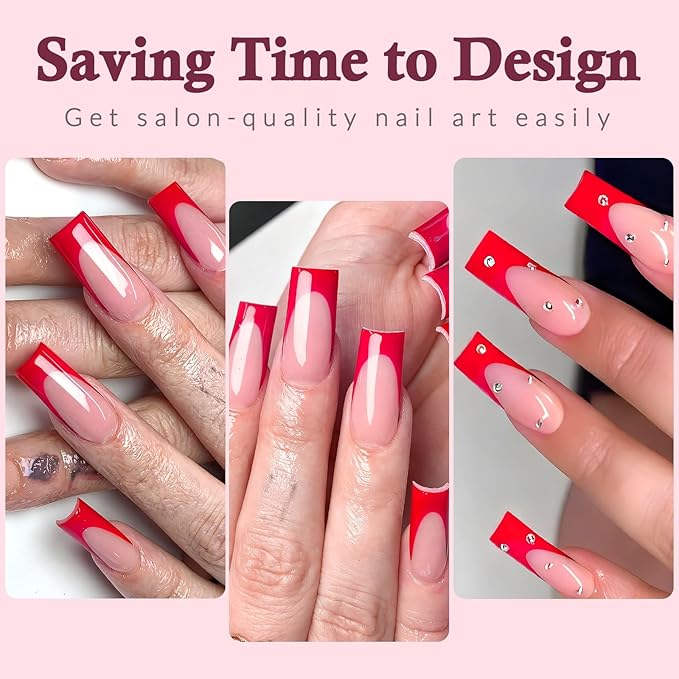 120PC Red French Tip Press on Nails Medium Fake Nails Press ons with 5*Adhesive Tabs, Pink Square Acrylic Nail Press on Nail French Tip Nails False Artificial Fingernails Stick on Nails-D