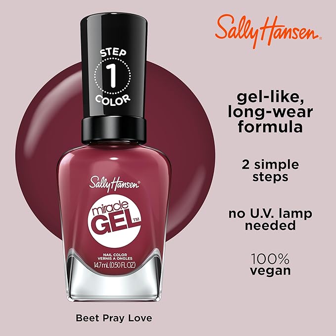 Sally Hansen Miracle Gel Salon Quality Nail Polish | Gel-Like Formula, Two-Step System, No UV Light Needed, Long Lasting | Opaque, Glossy | 496 Beet, Pray, Love | Berry Red Nail Color