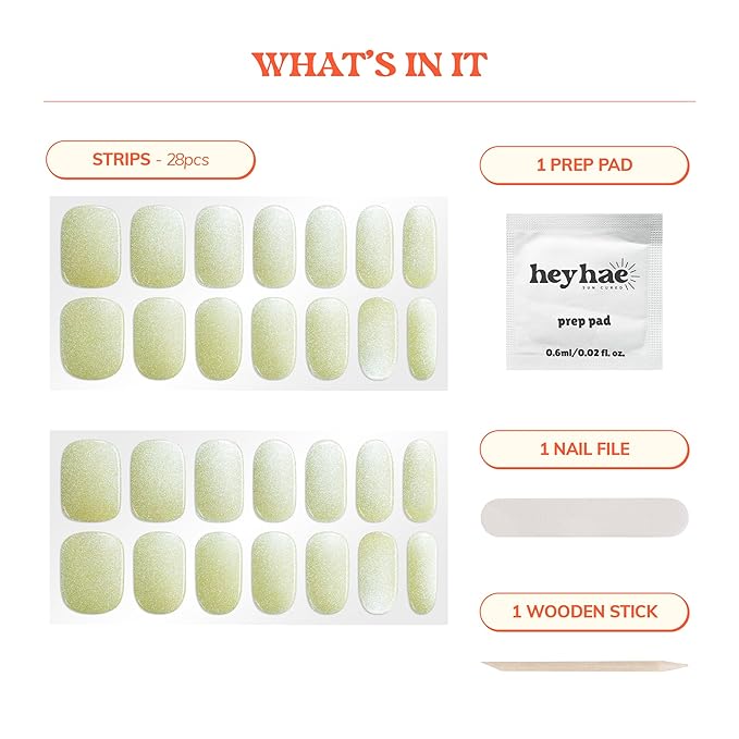 heyhae Semi Cured Gel Nail Strips | No LED Lamp Needed | Summer, Chrome, Green | Easy Apply & Remove, Salon Quality | Includes 28 Strips, 1 Prep Pads, Nail File & Wooden stick - Hey, Pistachio Crush