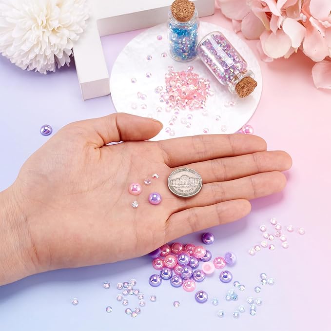 Flatback Resin Pearls Rhinestones Mermaid Nail Gems AB Color Faux Pearl Beads Rhinestone Cabochons Iridescent Nail Tooth Face Gems for Nail Art Jewels Makeup Decoration