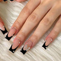 24Pcs Black French Tip Press on Nails Square Long Fake Nails Pink Full Cover Glue on Nails with Rhinestones Butterfly Charm Designs Acrylic Artificial Nails Glossy Stick on Nails for Women Girls