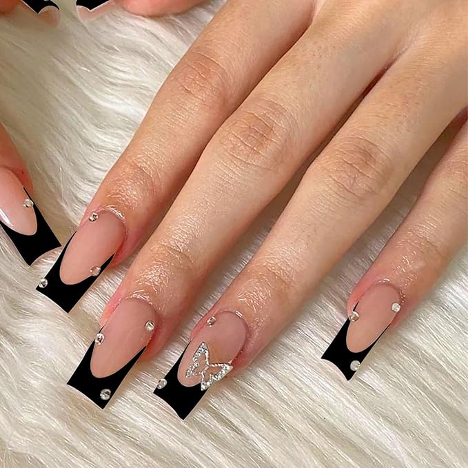 24Pcs Black French Tip Press on Nails Square Long Fake Nails Pink Full Cover Glue on Nails with Rhinestones Butterfly Charm Designs Acrylic Artificial Nails Glossy Stick on Nails for Women Girls