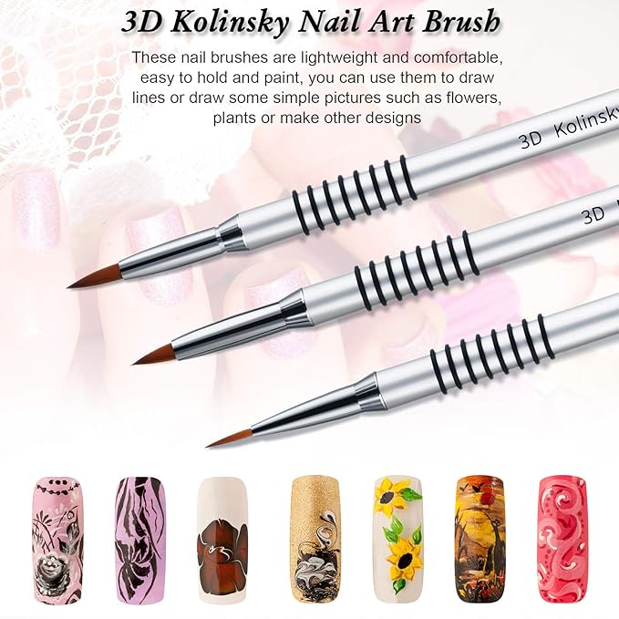 Patelai 3 Pcs Kolinsky 3D Nail Art Brush Set Size 2/4/5 Acrylic Nail Art Brush with Silver Metal Nonslip Grip Handle Polish Cleaning Manicure Tools for Women Acrylic Sculpture Application