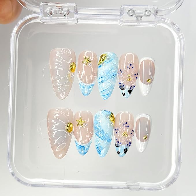 Luxury Press On Nails Medium Almond Handmade 3D Unique Reusable ABS Material False Nails Blue with Designs Starfish Floral Art Petal Glossy Glue on Nails Thick Acrylic Nails (10 Pieces, 1 Set)