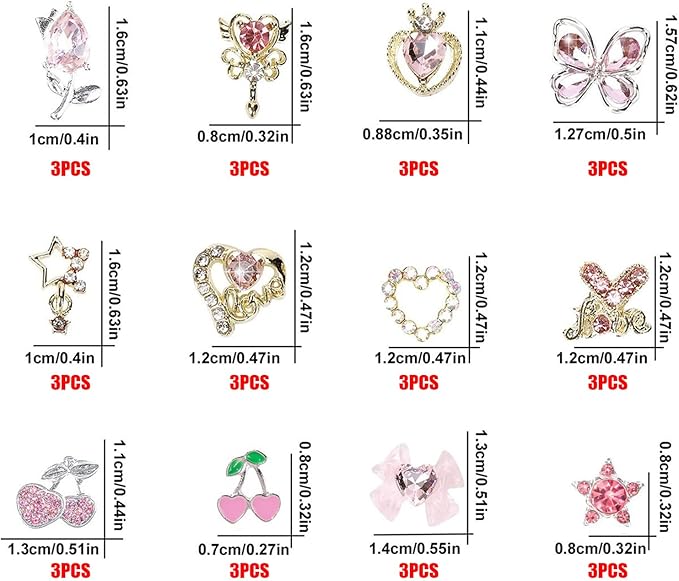 3D Nail Charms,36Pcs Love Heart Star Cherry Butterfly Bow Flower Nail Rhinestone Charms,Metal Alloy Nail Art Decorations for Manicure Design Accessories DIY Crafts (Gold Pink 36pcs)
