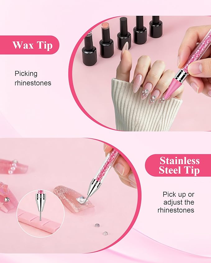 Difenni Rhinestone Picker Tool, Wax Pencil for Rhinestones Tool, Dual-Ended DIY Nail Bedazzling Tools with 2 Extra White and 2 Extra Pink Replaceable Wax Head and 1 Tweezer(White and Pink)