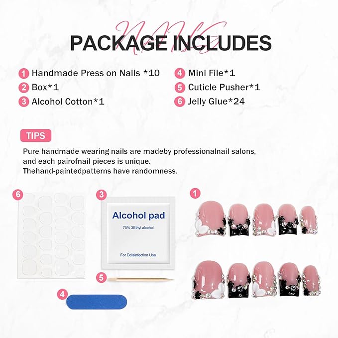 Handmade Square Nails Press on Black French Tip Fake Nails with Rhinestone & Flower Designs Muti-Layer Gel Acrylic Nail Kit Full Cover False Short Stick on Nails for Women (Size M)