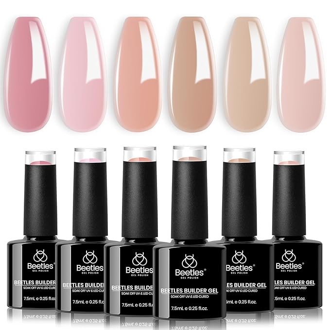 Beetles Builder Gel Set, 6 Colors 7 in 1 Clear Nude Pink Brown Strengthener Gel for Nail Extension & Building Apex Friendly for Beginner Women,UV & LED Lamp Needed
