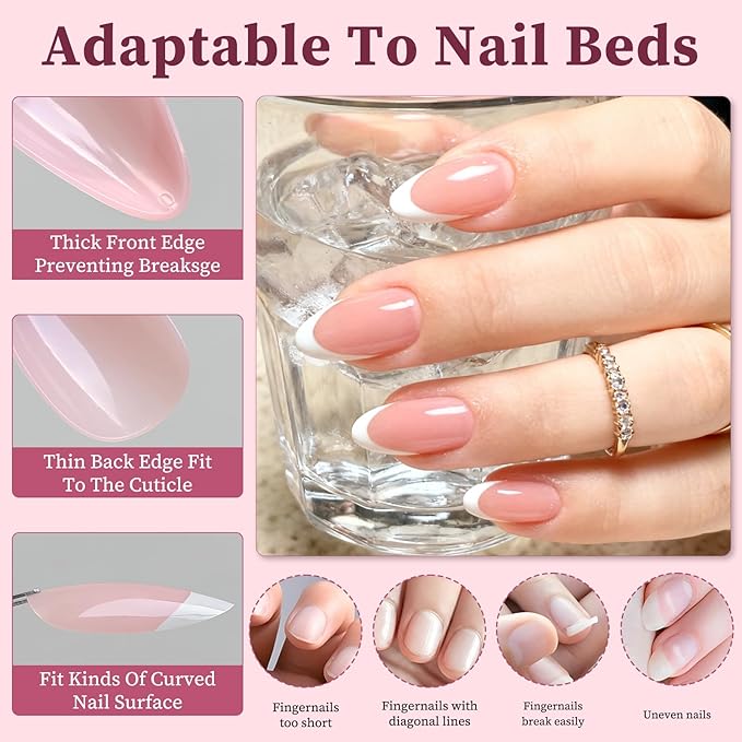 120PC White French Tip Press on Nails Medium Fake Nails Press ons with 5*Adhesive Tabs, Pink Almond Acrylic Nail Press on Nail French Tip Nails False Artificial Fingernails Stick on Nails-J
