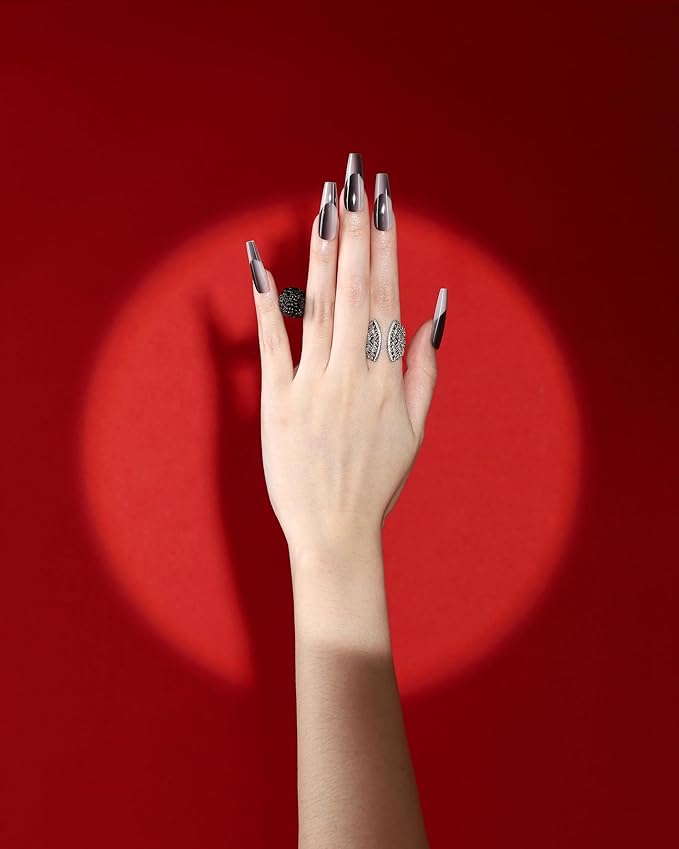 Max’s Press-On Nails 2Tone Collection | 32-Piece Nail Kit including both Glue & Adhesive (Glossy Black)