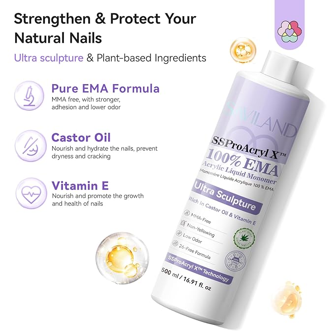 SAVILAND SSPro X Pure EMA Monomer Acrylic Nail Liquid: 500 ml 16.91 fl. oz Acrylic Liquid Low Odor Non-Yellowing Nail Monomer for Acrylic Powder Nail Extension DIY Home