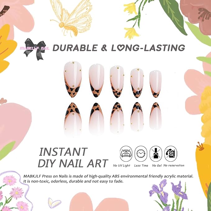 French Tip Press on Nails Medium Almond MABKJLF Fake Nails Fall False Nails with Leopard Print Ball Designs Amber Full Cover Glossy Glue on Nail Autumn Daily Wear Acrylic Nails for Women Girls 24Pcs