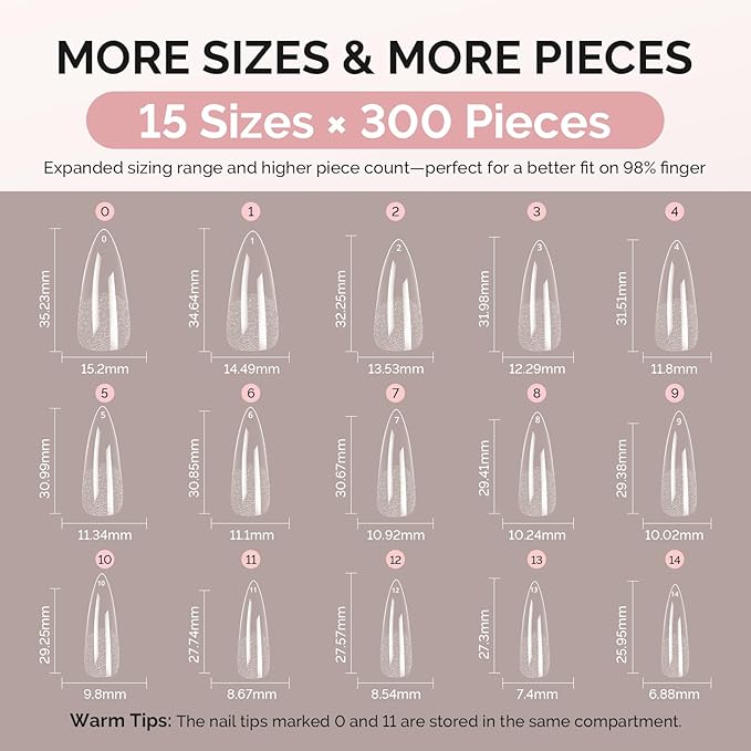 MelodySusie Stiletto X Nail Tips - 300Pcs 15 Sizes Clear Acrylic, Half Matte Full Cover Press on Nails for DIY Extension & Salon Use, Pre-Shaped for Long-Lasting Manicure